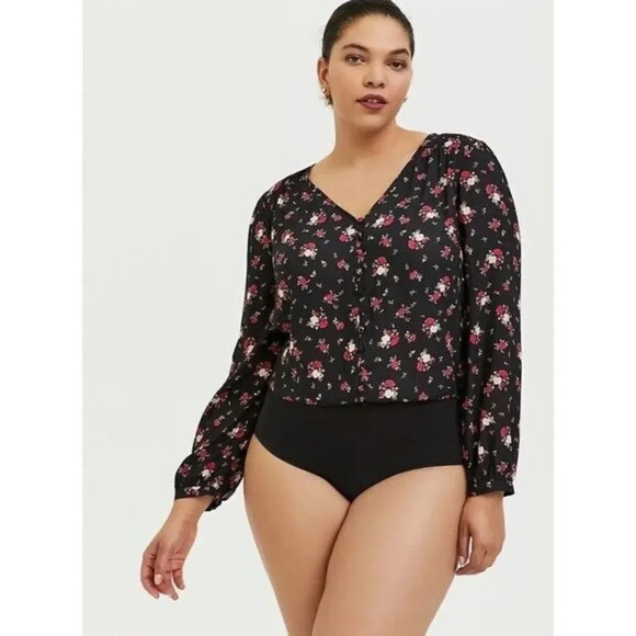 Torrid Black Floral Crepe Long Sleeve Bodysuit 1 - Picture 1 of 5